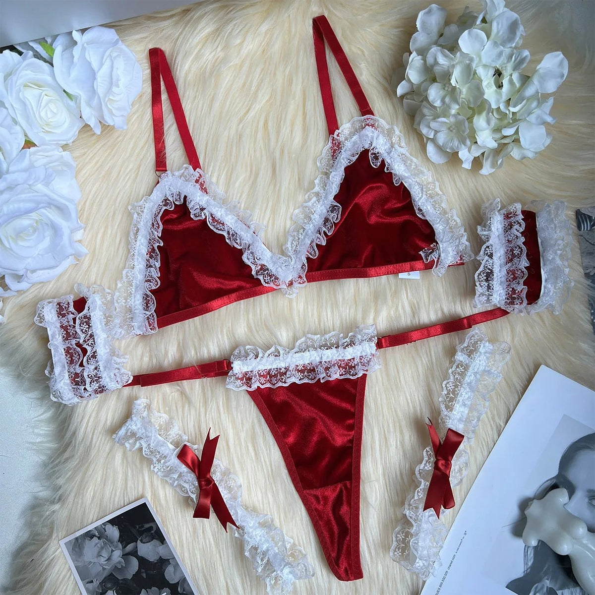 Wren | Conjunto Lingerie Veludo Natal Renda Tanga