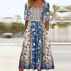 Ottoline | Vestido Midi Feminino Estampado Boho Decote Quadrado Manga Curta