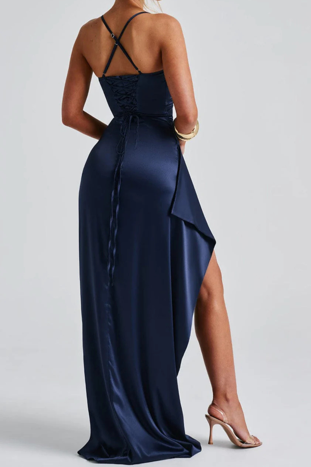Xanthe | Vestido Maxi Feminino Alças Finas Franzido Fenda Alta