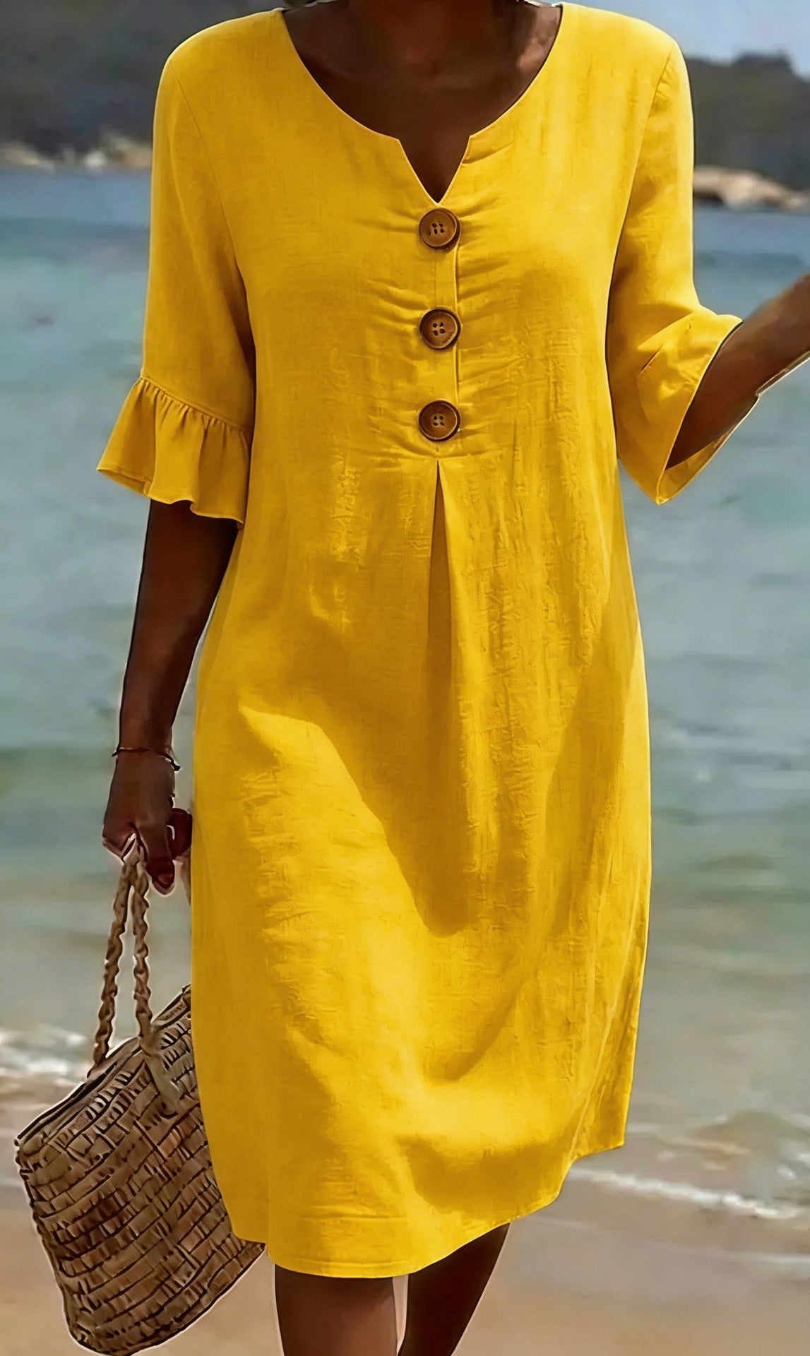 Vestido de Algodão e Linho para Mulher | Solto com Botões, Verão