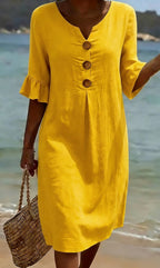 Vera | Mulher Vestido Linho Algodão Midi Botões Solto