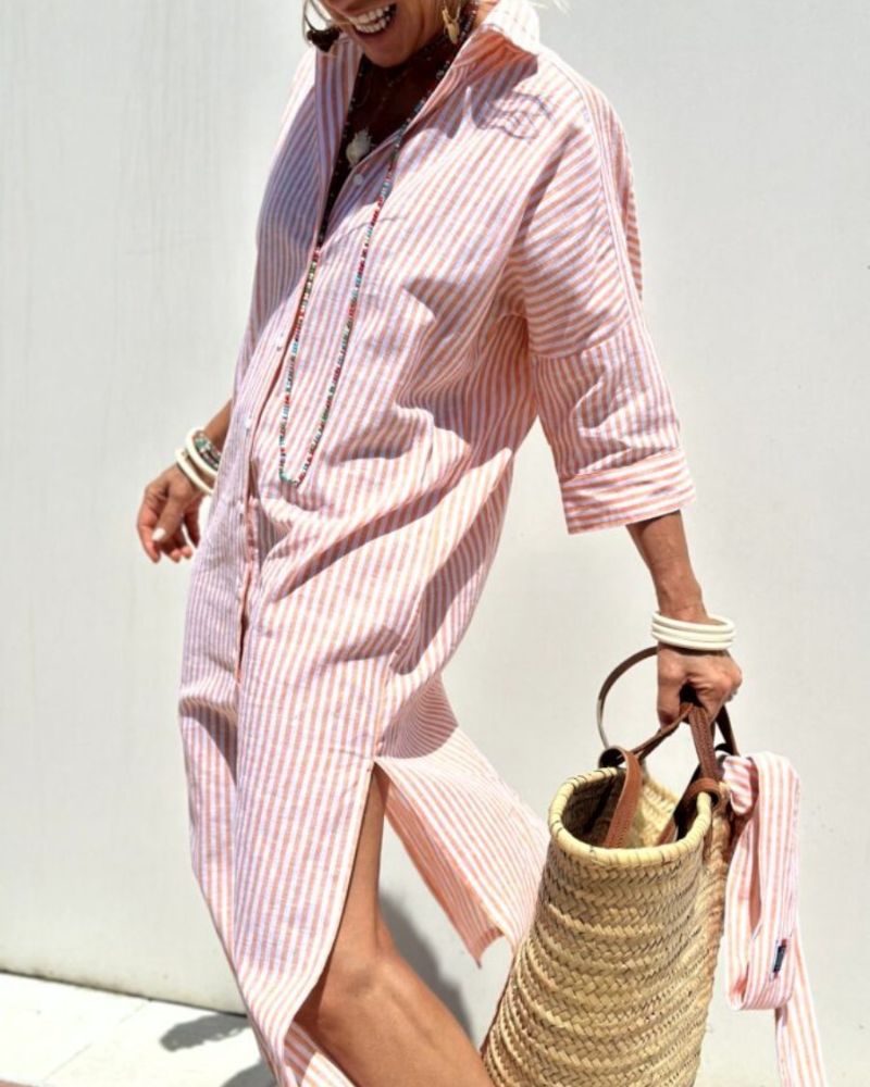 Nora | Mulher Vestido Midi Camiseiro Às Riscas com Botões