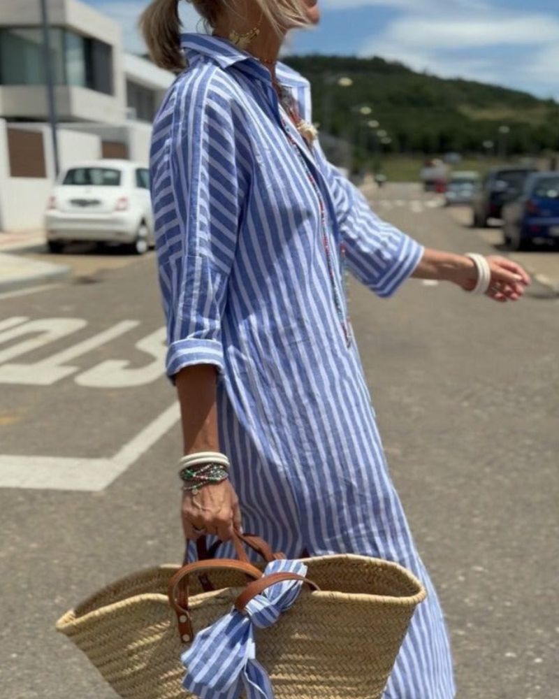 Nora | Mulher Vestido Midi Camiseiro Às Riscas com Botões