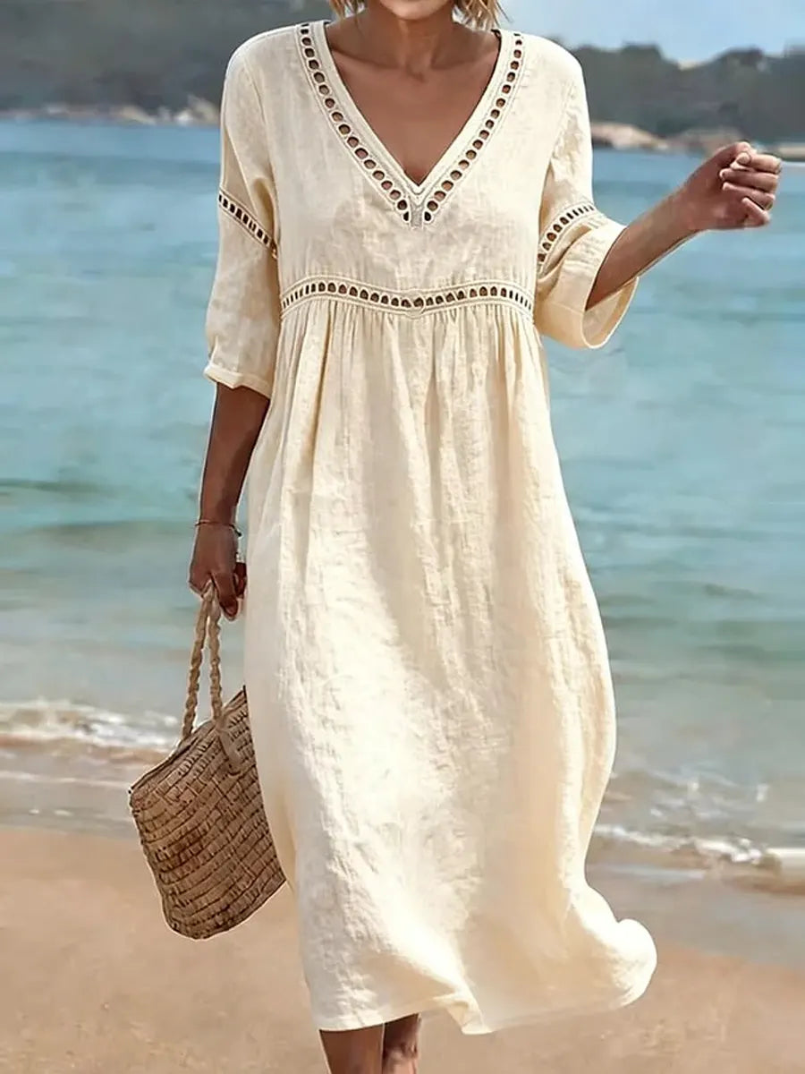 Nina | Vestido Feminino Decote V Manga Curta com Bolsos