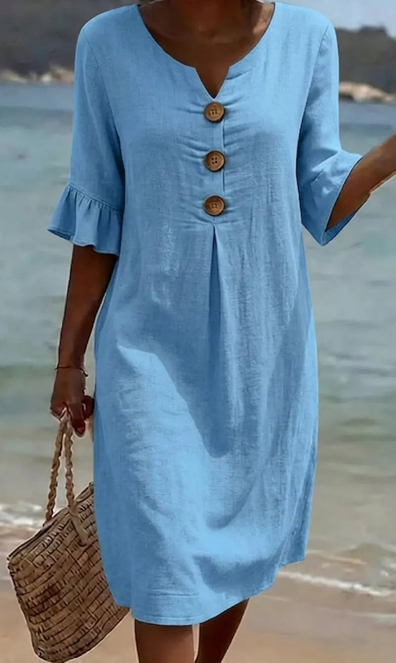 Vera | Mulher Vestido Linho Algodão Midi Botões Solto