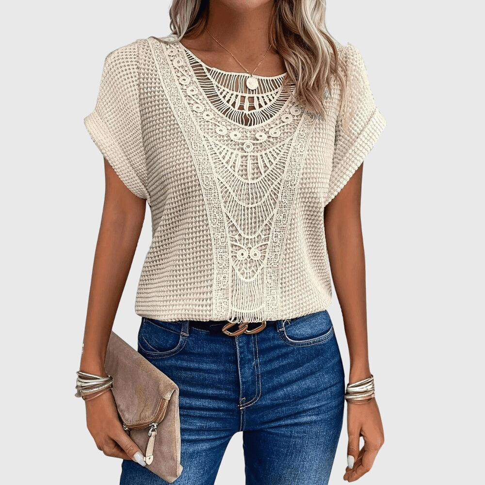 Nova | Blusa Feminina Meia Malha Rendada Decote Redondo