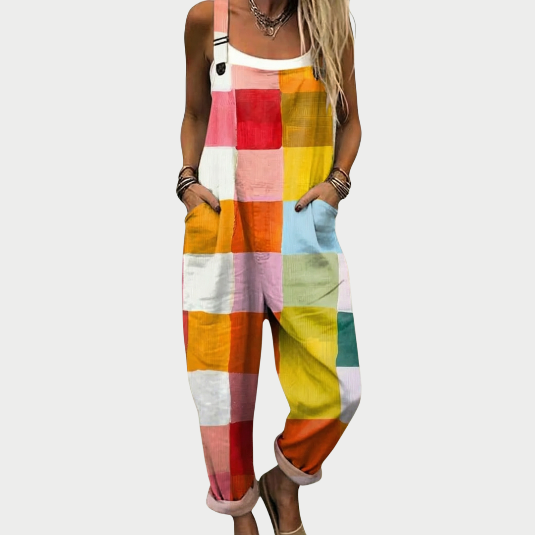 Iris | Macacão Feminino Patchwork Xadrez Perna Larga