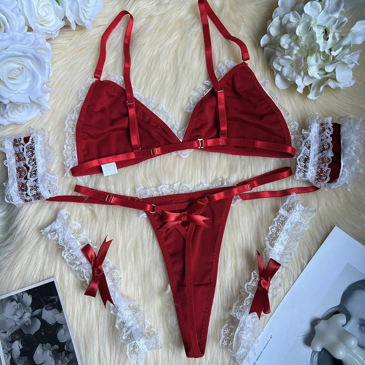 Wren | Conjunto Lingerie Veludo Natal Renda Tanga