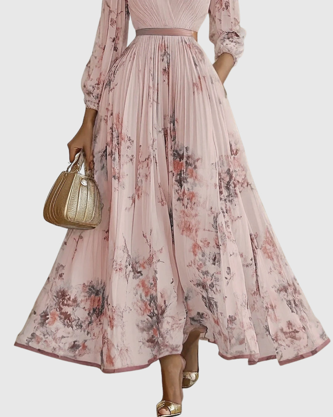 Xena | Vestido Maxi Floral Manga Longa Decote V Plissado com Laço