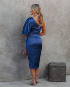 Jade | Vestido Midi Assimétrico Drapejado Feminino Ombro a Nu