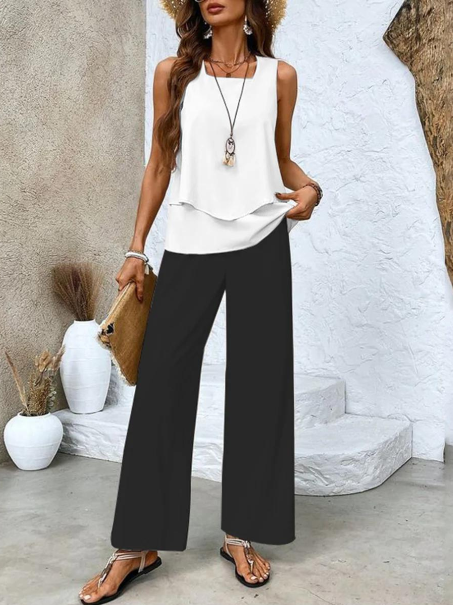 Conjunto feminino duas peças calça e top fluido em várias cores