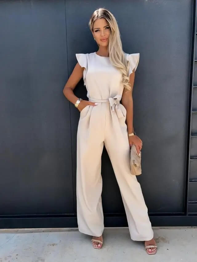 Mulher Jumpsuit Perna Larga Mangas Borboleta