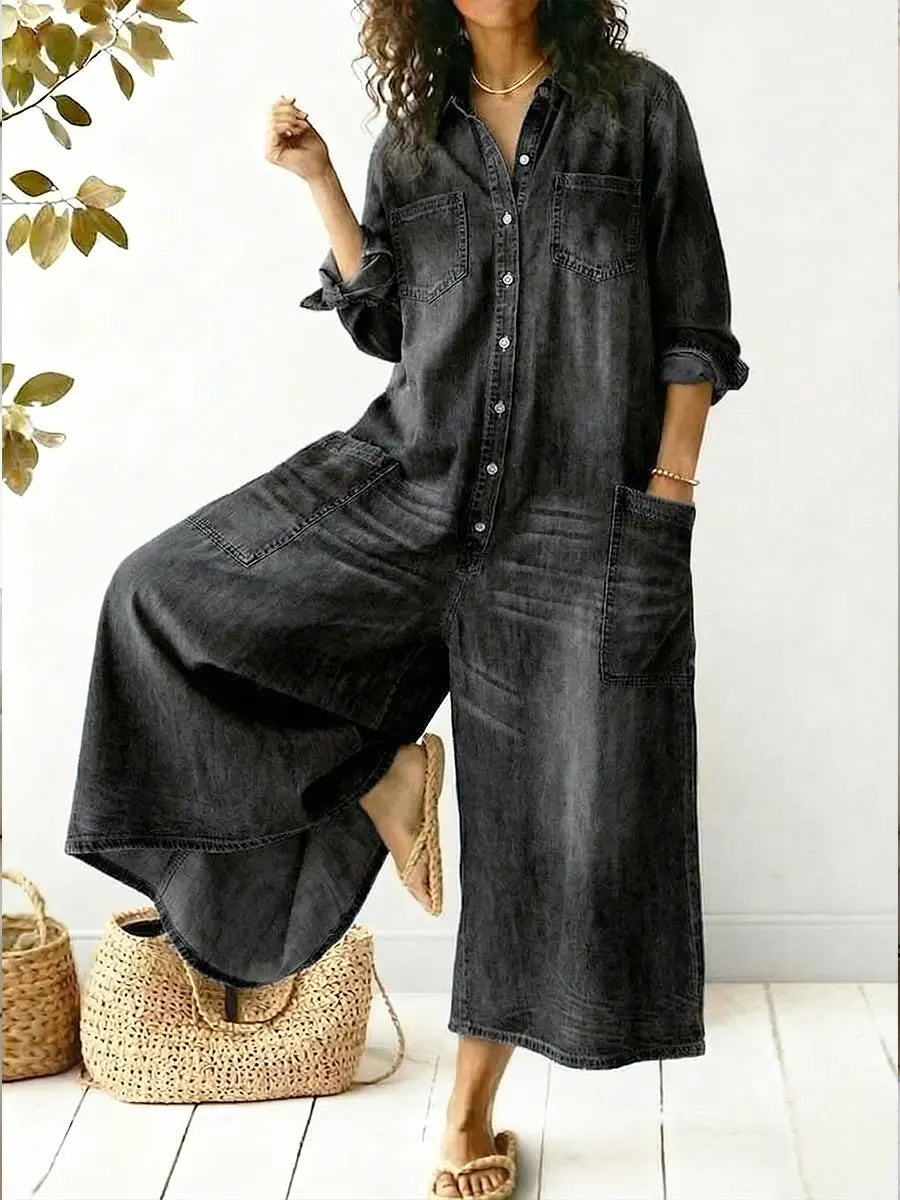 Dione | Macacão Feminino Denim Perna Larga Manga Longa