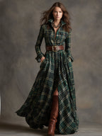 Rosalind | Vestido Maxi Xadrez Étnico Retrô com Lapela