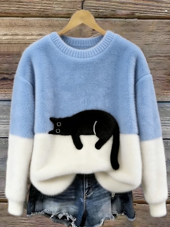 Wilhelmina | Camisola de Malha Color Block com Motivo de Gato