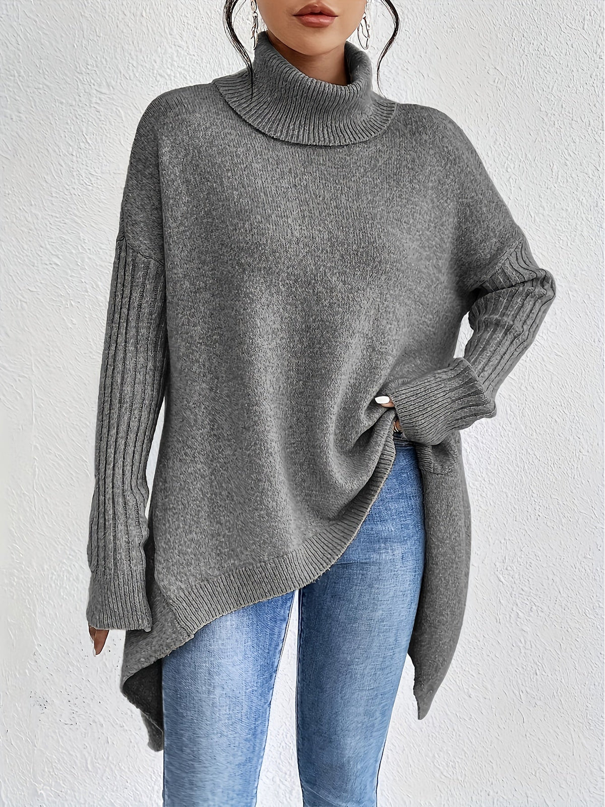 Mulher Camisola Tricot Gola Alta Assimétrica