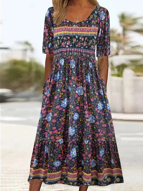 Ottoline | Vestido Midi Feminino Estampado Boho Decote Quadrado Manga Curta