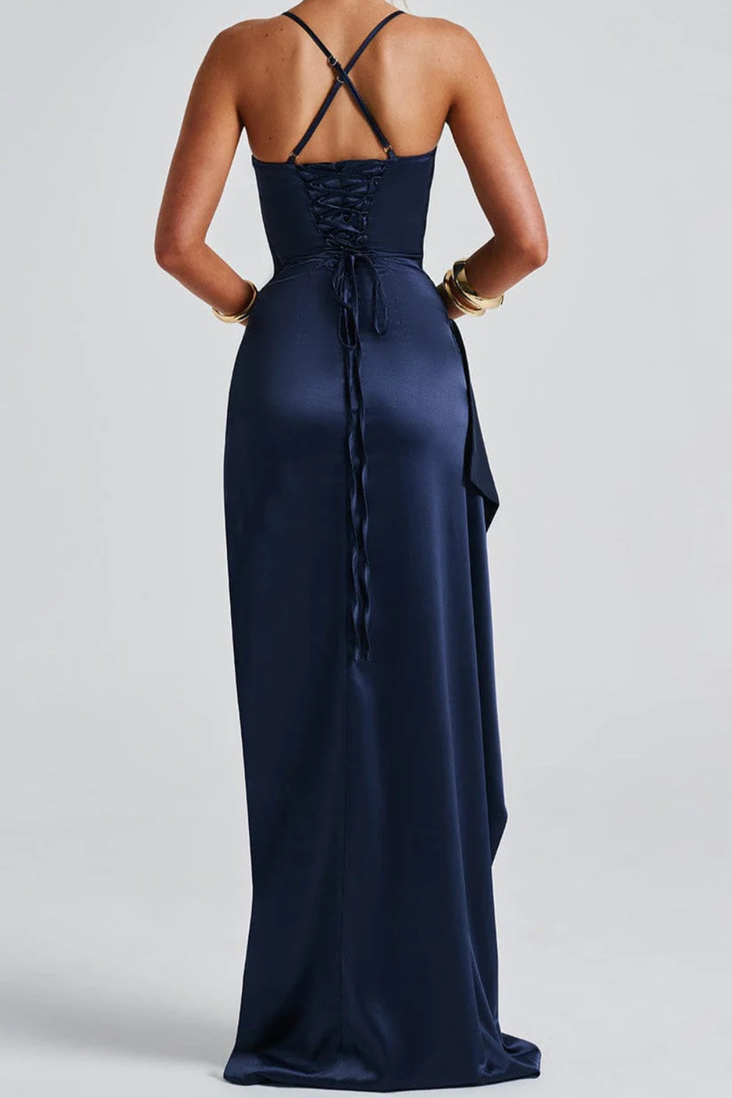 Xanthe | Vestido Maxi Feminino Alças Finas Franzido Fenda Alta