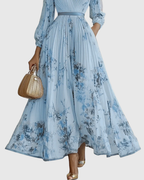 Xena | Vestido Maxi Floral Manga Longa Decote V Plissado com Laço