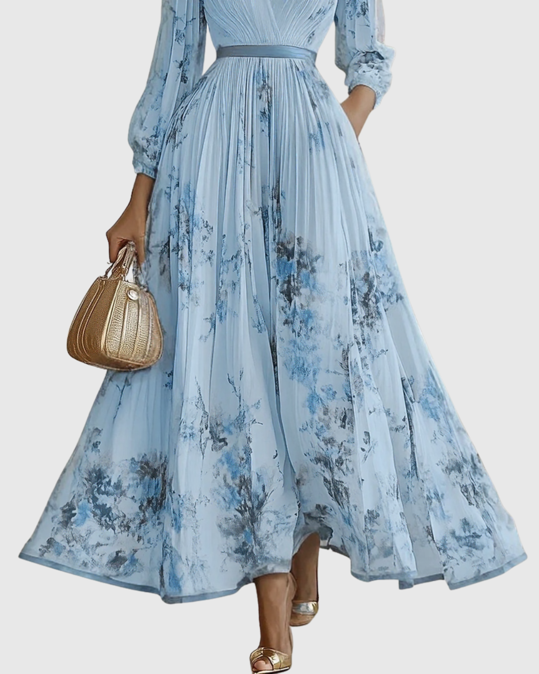 Xena | Vestido Maxi Floral Manga Longa Decote V Plissado com Laço