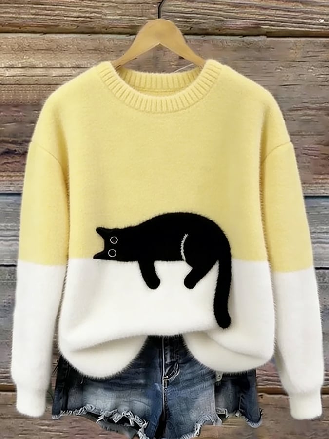Wilhelmina | Camisola de Malha Color Block com Motivo de Gato