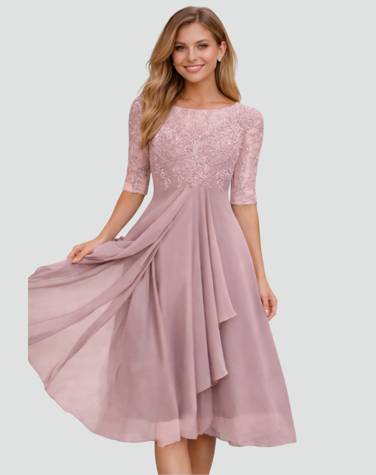 Vestido Midi de Festa Mulher | Renda, Manga Três Quartos | Corte Regular