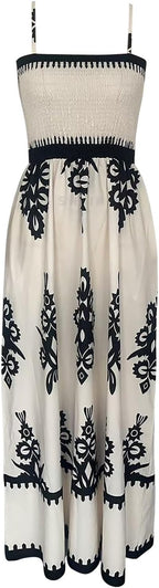 Jolie | Vestido Maxi Feminino Boho Smockado Decote Quadrado Estampado