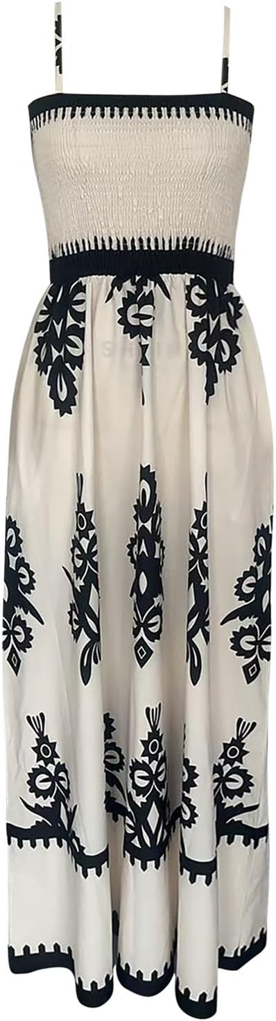 Jolie | Vestido Maxi Feminino Boho Smockado Decote Quadrado Estampado