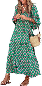 Ondine | Mulher Vestido Maxi Boho Estampado Geométrico Decote V