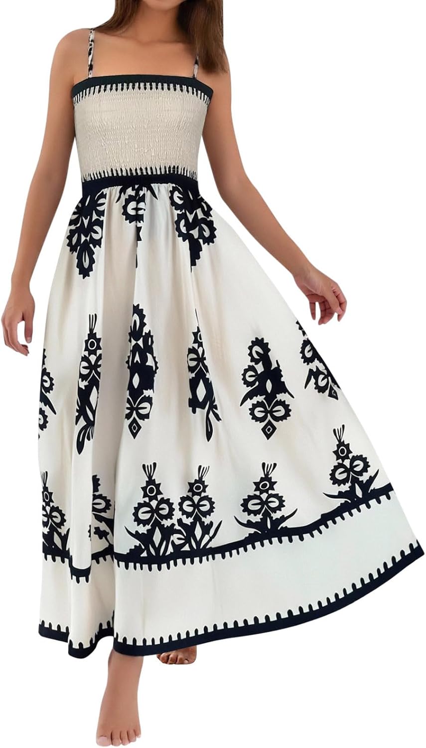Jolie | Vestido Maxi Feminino Boho Smockado Decote Quadrado Estampado