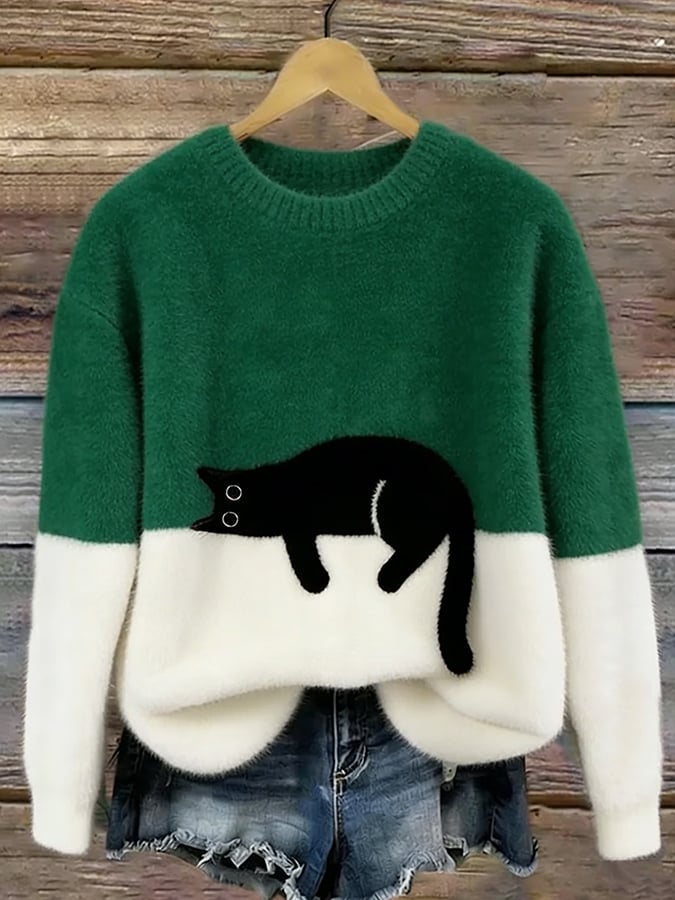 Wilhelmina | Camisola de Malha Color Block com Motivo de Gato