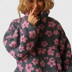 Camisola feminina floral meia abertura manga comprida corte amplo