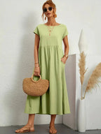Embla | Vestido Longo Feminino Casual com Bolsos Mangas Curtas