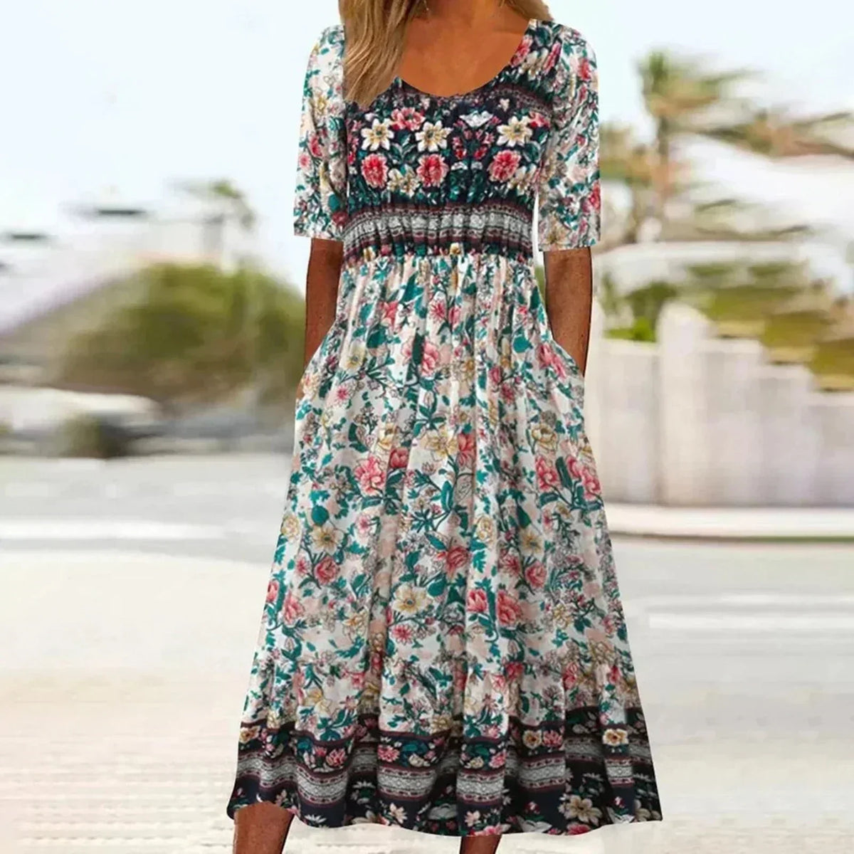 Ottoline | Vestido Midi Feminino Estampado Boho Decote Quadrado Manga Curta