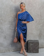 Jade | Vestido Midi Assimétrico Drapejado Feminino Ombro a Nu