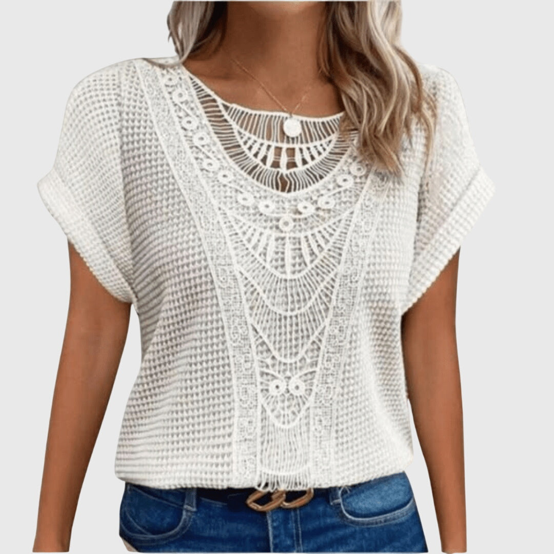 Nova | Blusa Feminina Meia Malha Rendada Decote Redondo