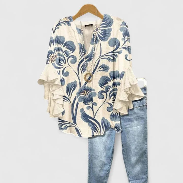 Amara | Blusa Feminina Floral Mangas 3/4 com Babados