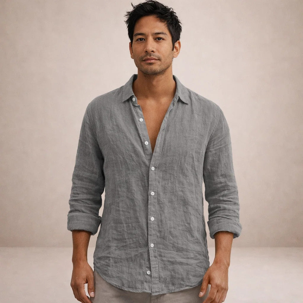 Camisa de Linho Homem | Ajuste Regular, Gola Aberta