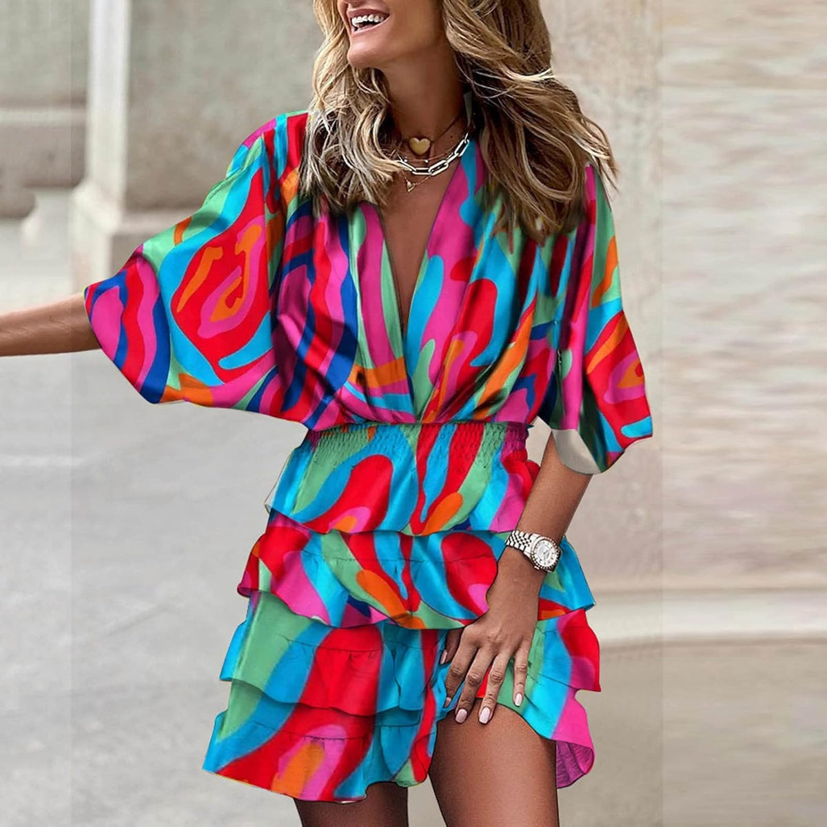 Vestido Feminino Midi Evasê Decote V Franzido