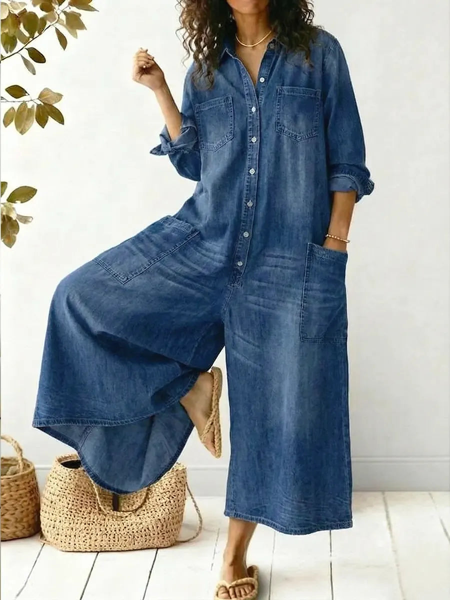 Dione | Macacão Feminino Denim Perna Larga Manga Longa