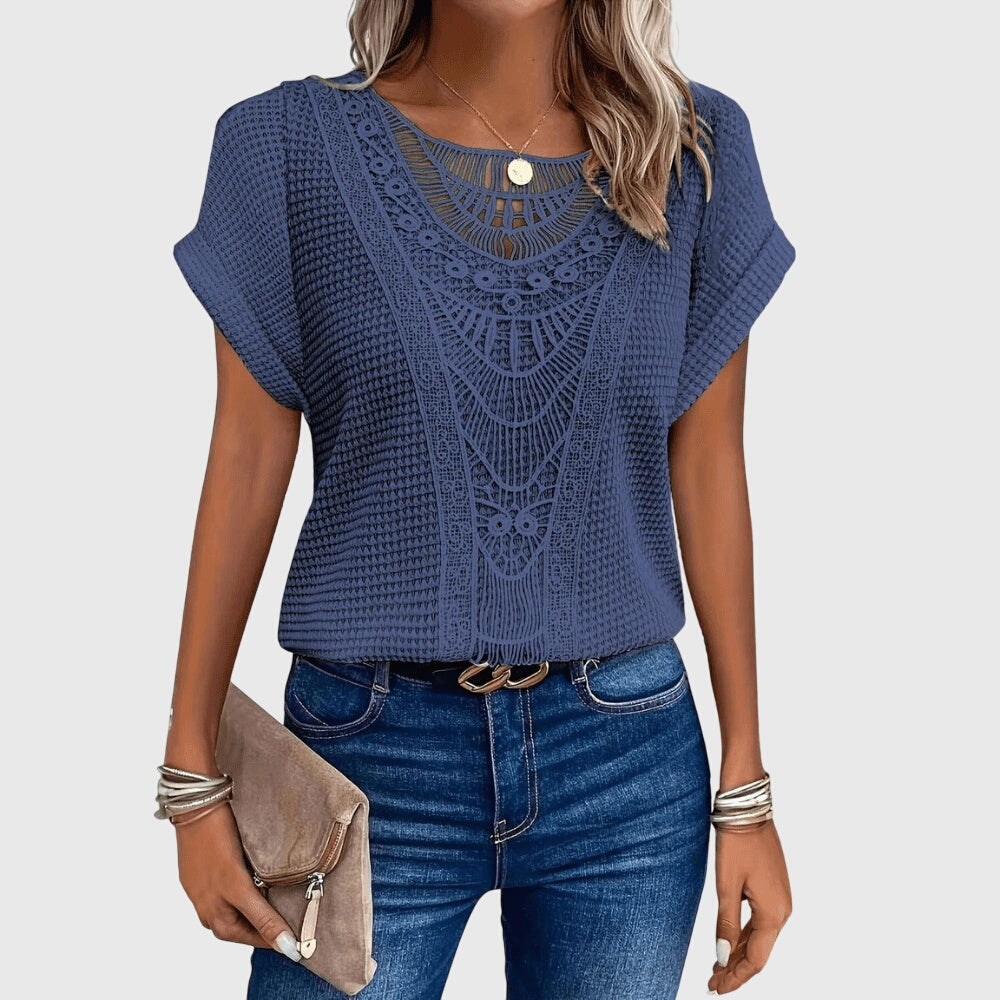 Nova | Blusa Feminina Meia Malha Rendada Decote Redondo