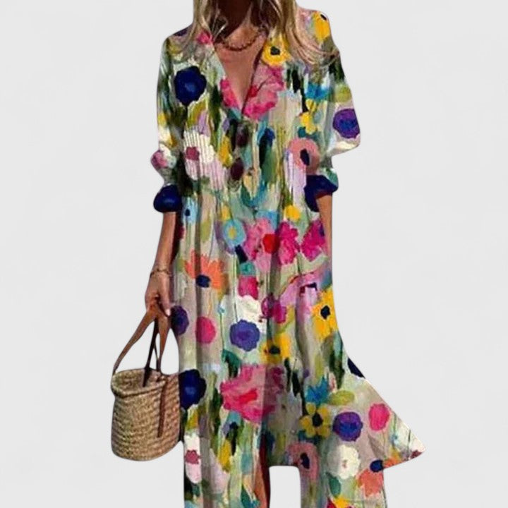Vestido Maxi Feminino Boho Estampado Meia Manga