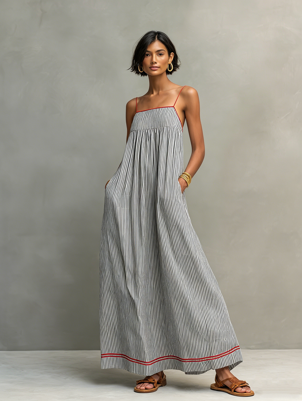 Ondina | Vestido Maxi Feminino Riscas com Alças Finas