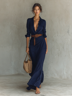 Vestido Maxi Feminino Algodão Manga Longa Colarinho Lapela