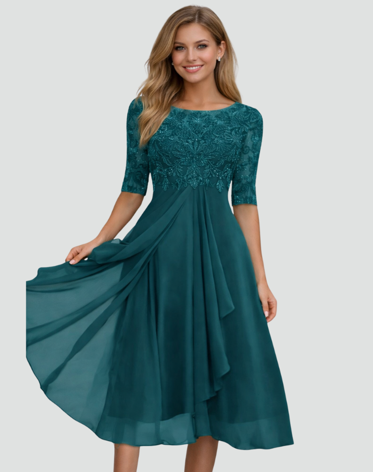Vestido Midi de Festa Mulher | Renda, Manga Três Quartos | Corte Regular