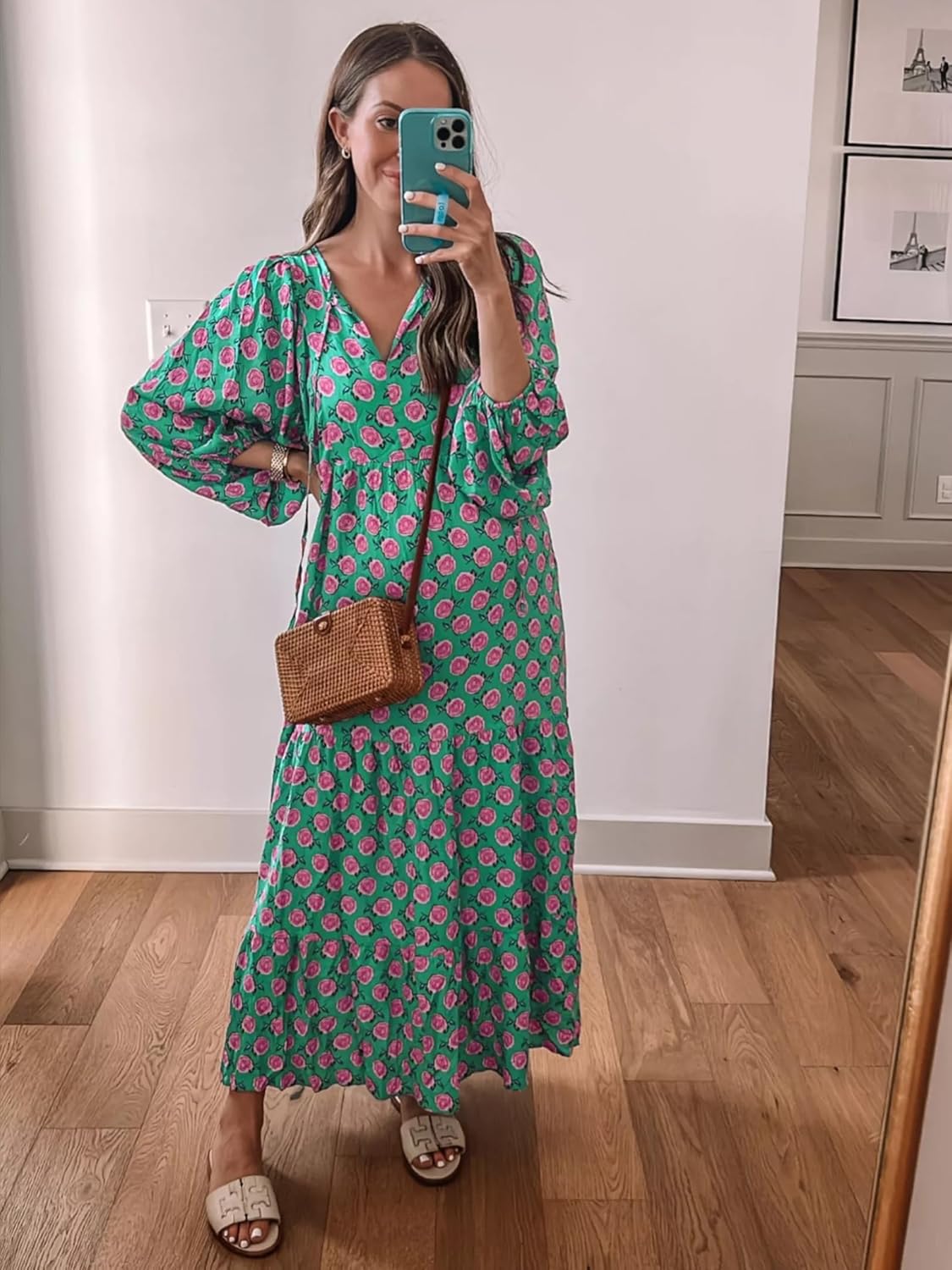 Ondine | Mulher Vestido Maxi Boho Estampado Geométrico Decote V