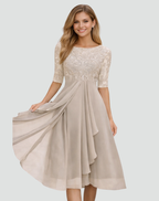 Vestido Midi de Festa Mulher | Renda, Manga Três Quartos | Corte Regular