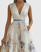 Xena | Vestido Maxi Floral Manga Longa Decote V Plissado com Laço