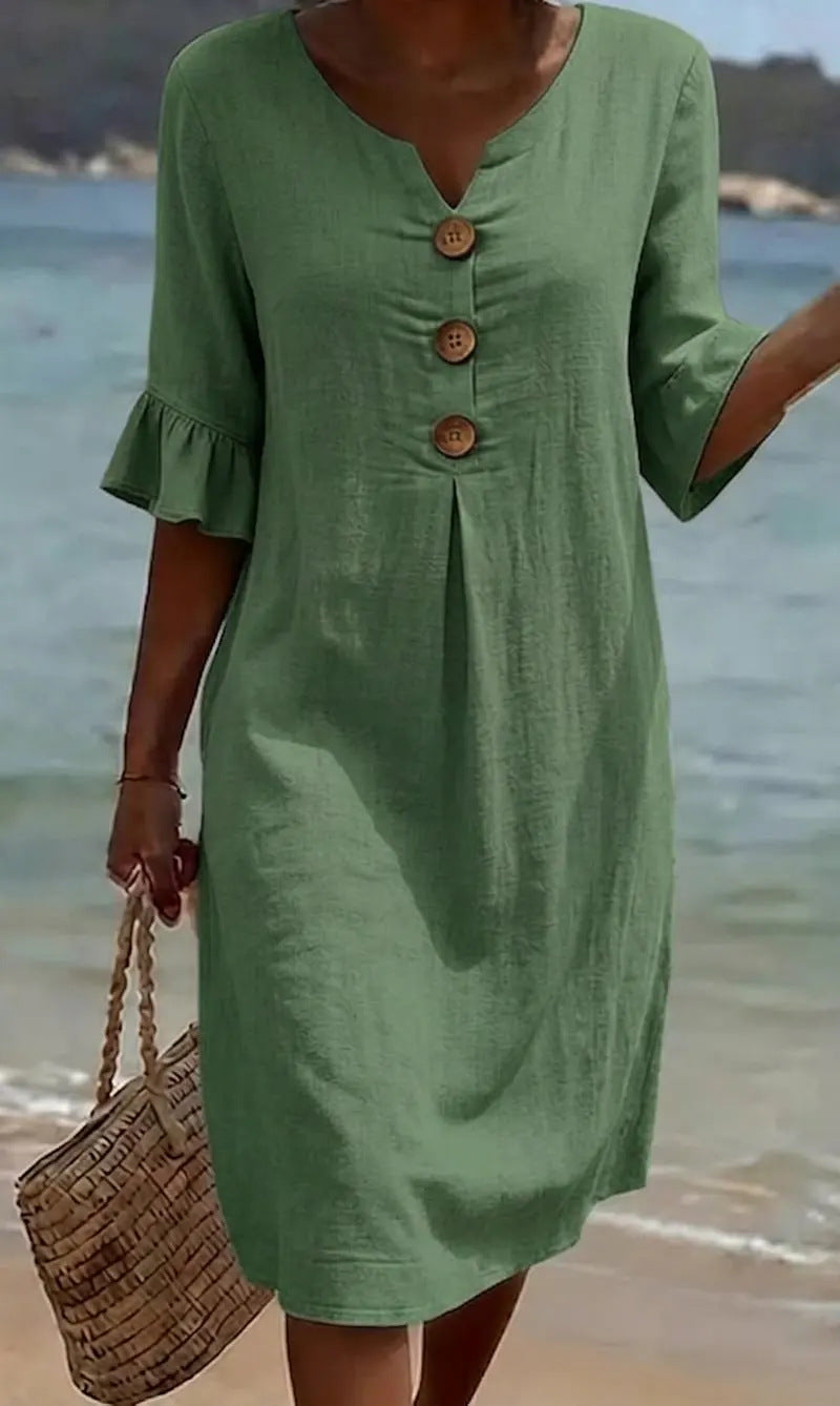Vestido de Algodão e Linho para Mulher | Solto com Botões, Verão