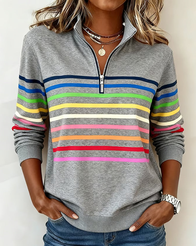 Pullover Feminino | Listrado, Gola com Zíper | Estilo Casual